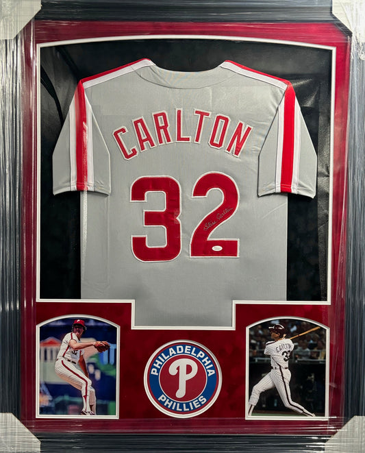 Philadelphia Phillies Steve Carlton Hand Signed Autographed Custom Gray Jersey Framed & Suede Matted with JSA COA