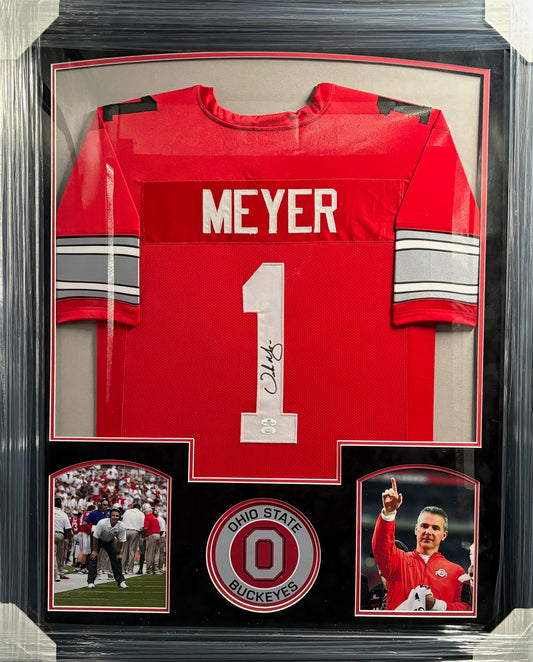 The Ohio State University Buckeyes Coach Urban Meyer Hand Signed Autographed Custom Red Jersey Framed & Suede Matted with JSA COA