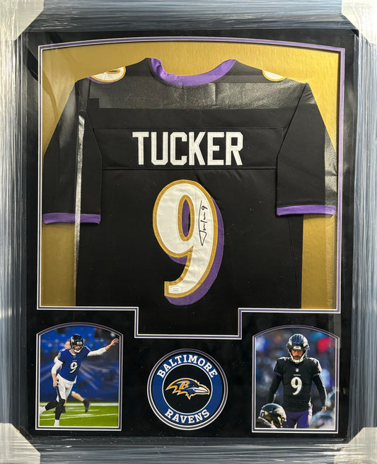 Baltimore Ravens Justin Tucker Hand Signed Autographed Custom Black Jersey Framed with Suede Matting Includes JSA COA