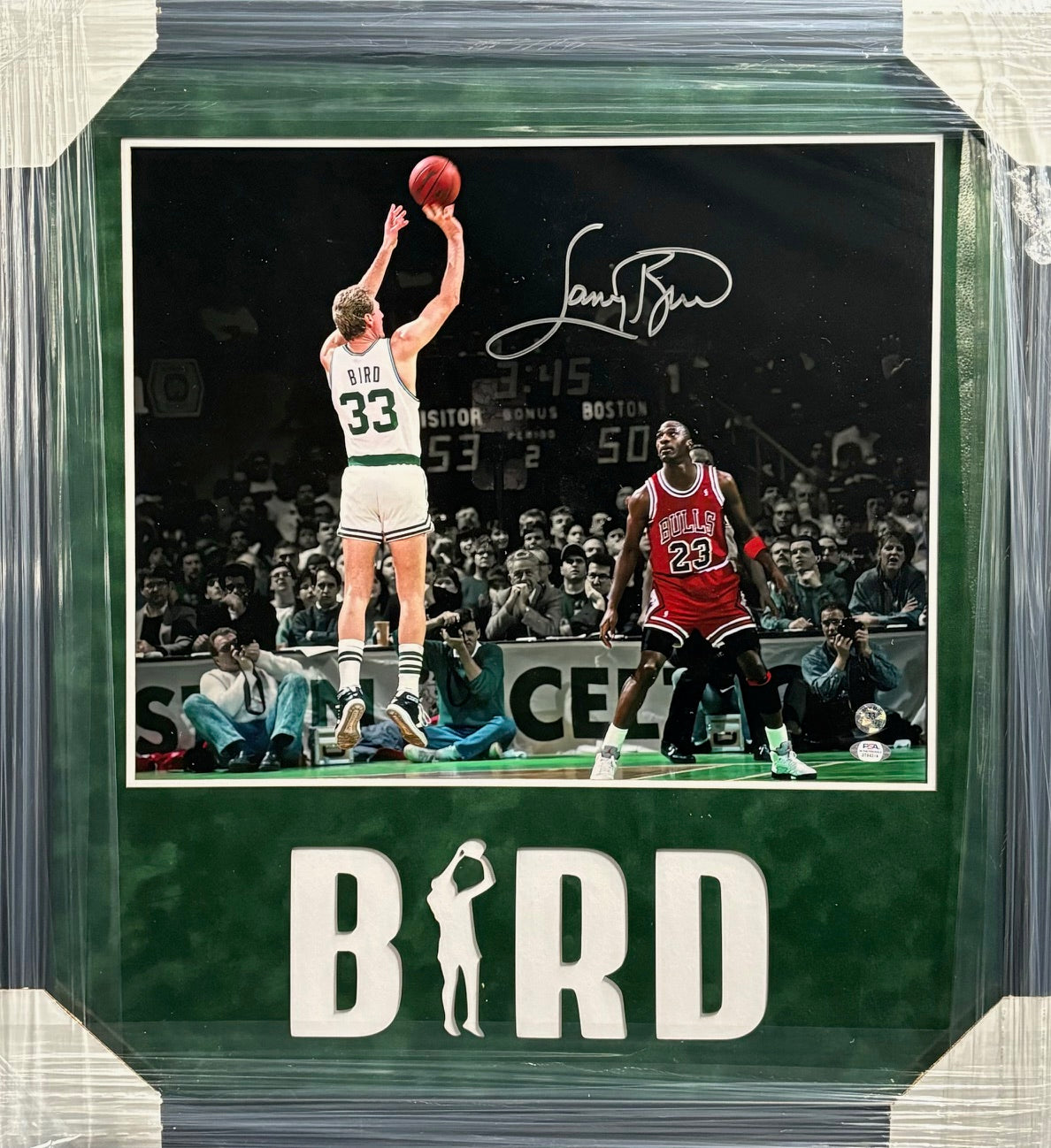 Boston Celtics Larry Bird Hand Signed Autographed 16x20 Photo Custom Framed & Cutout Suede Matted with PSA COA