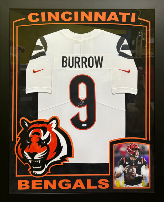 Cincinnati Bengals Joe Burrow Hand Signed Autographed Authentic White Jersey Framed & Suede Matted with XL 3D Logo & Team Name Cutout JSA COA