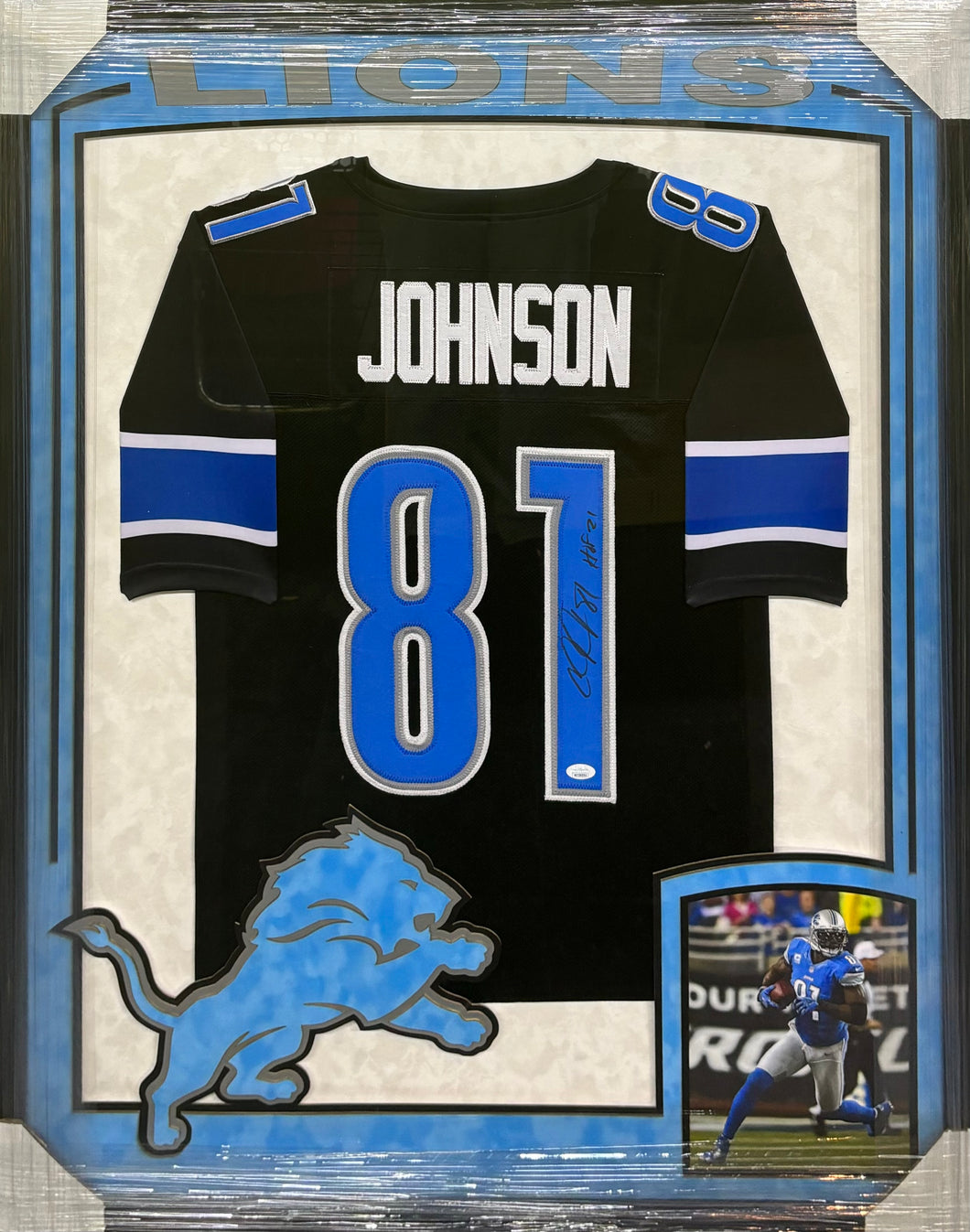 Detroit Lions Calvin Johnson Signed Black Jersey with HOF 21 Inscription Framed & Suede Matted with XL 3D Logo & Team Name Cutout JSA COA