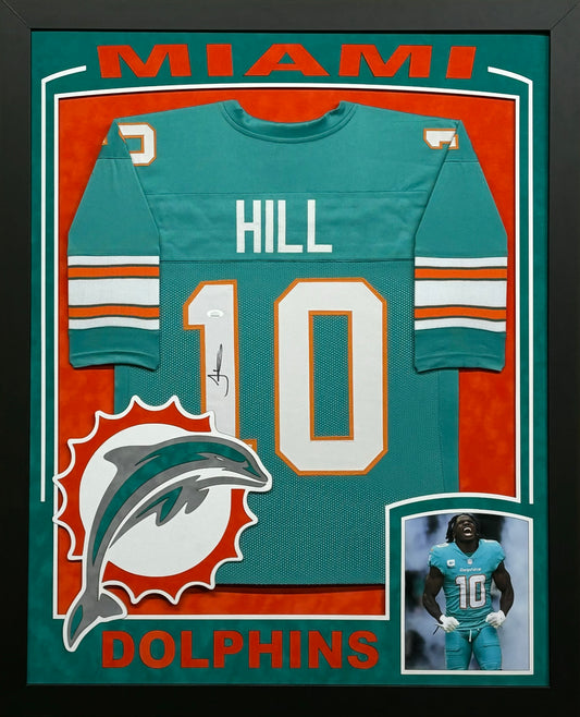 Miami Dolphins Tyreek Hill Hand Signed Autographed Custom Teal Jersey Framed & Suede Matted with XL 3D Logo & Team Name Cutout JSA COA