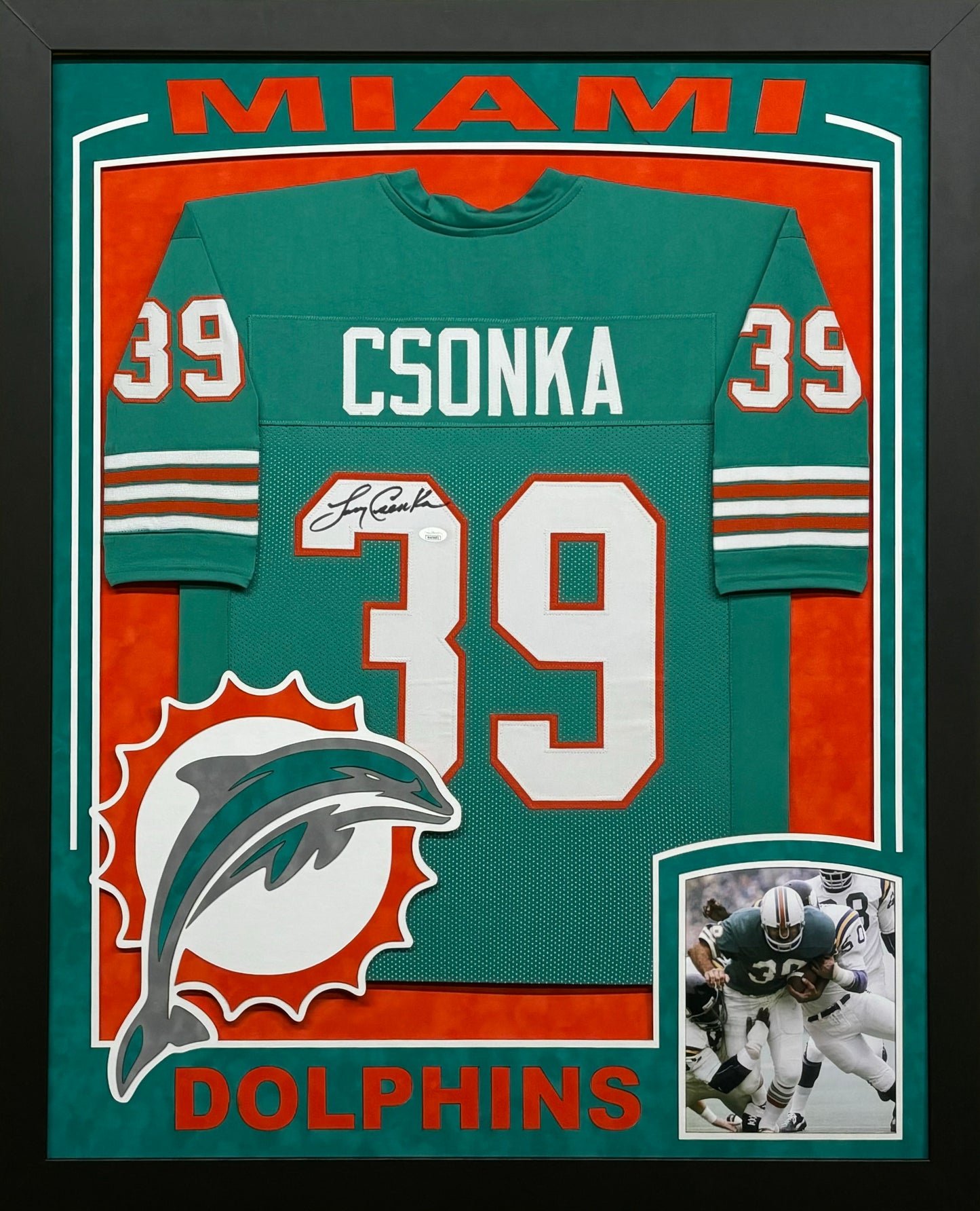 Miami Dolphins Larry Csonka Hand Signed Autographed Custom Teal Jersey Framed & Suede Matted with XL 3D Logo & Team Name Cutout JSA COA