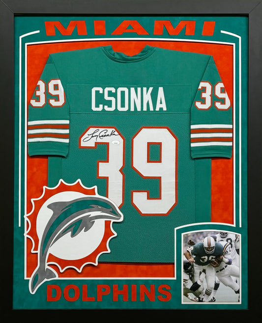 Miami Dolphins Larry Csonka Hand Signed Autographed Custom Teal Jersey Framed & Suede Matted with XL 3D Logo & Team Name Cutout JSA COA