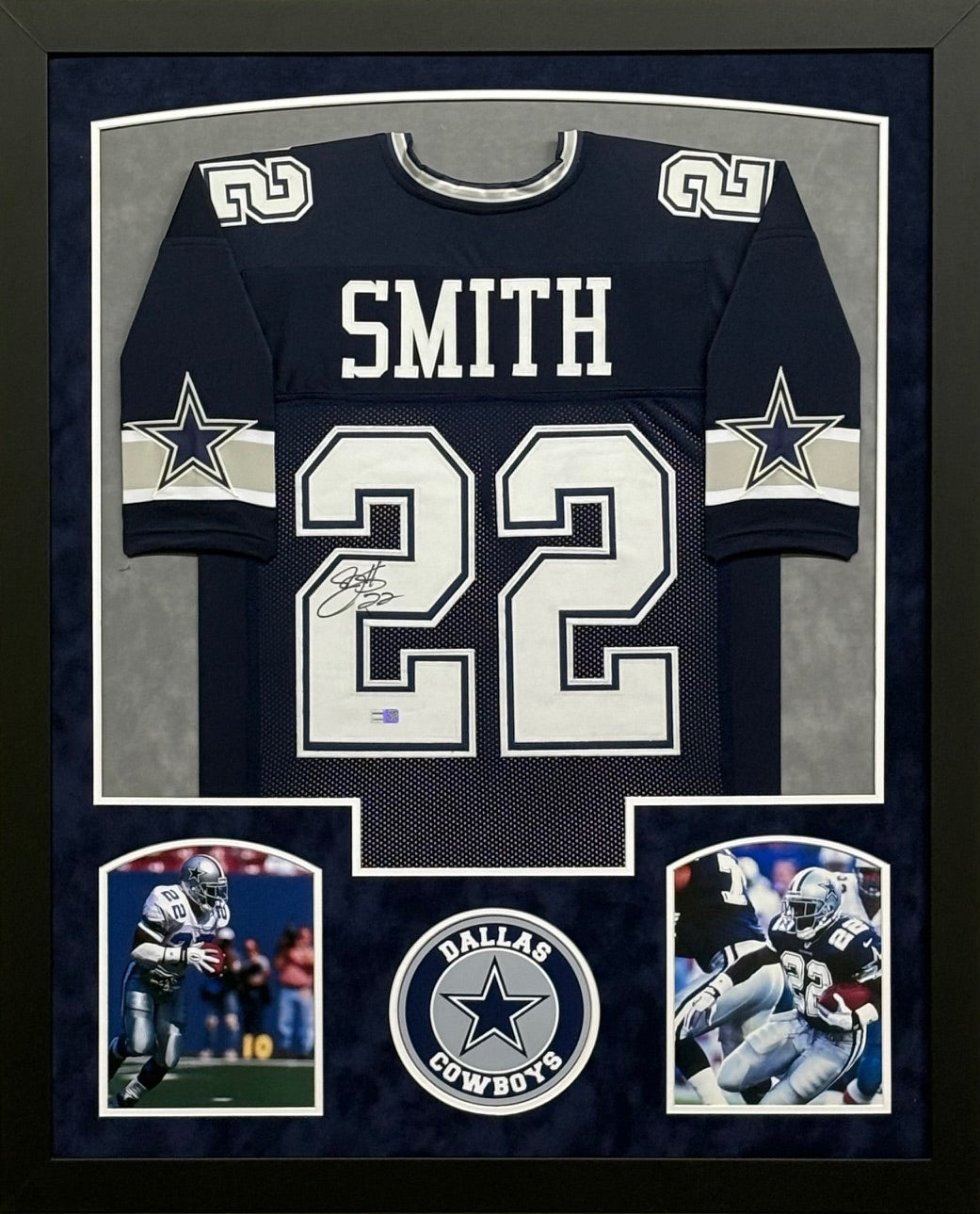 Dallas Cowboys Emmitt Smith Hand Signed Autographed Custom Blue Jersey Framed & Suede Matted with TRISTAR COA