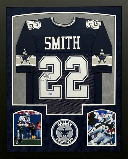 Dallas Cowboys Emmitt Smith Hand Signed Autographed Custom Blue Jersey Framed & Suede Matted with TRISTAR COA