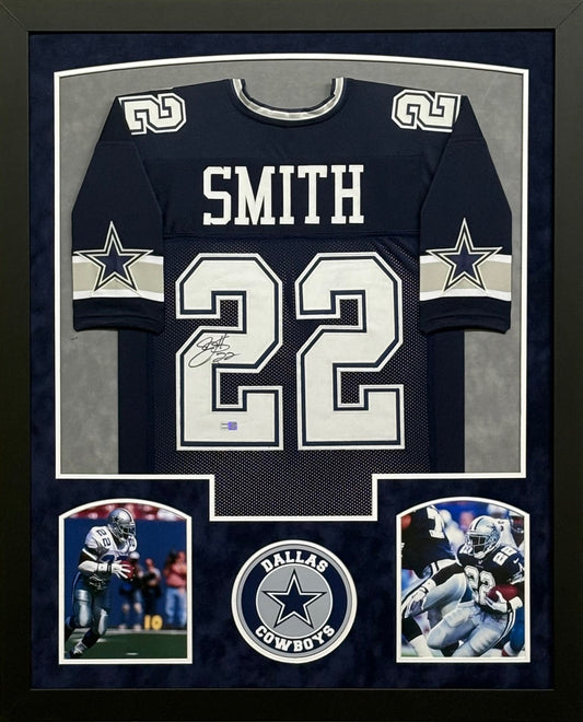 Dallas Cowboys Emmitt Smith Hand Signed Autographed Custom Blue Jersey Framed & Suede Matted with TRISTAR COA