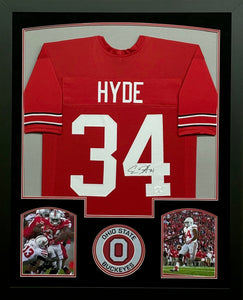 The Ohio State University Buckeyes Carlos Hyde Signed Red Jersey Framed & Suede Matted with JSA COA