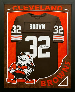 Cleveland Browns Jim Brown Signed Brown Jersey Framed & Suede Matted with XL 3D Logo & Team Name Cutout JSA COA