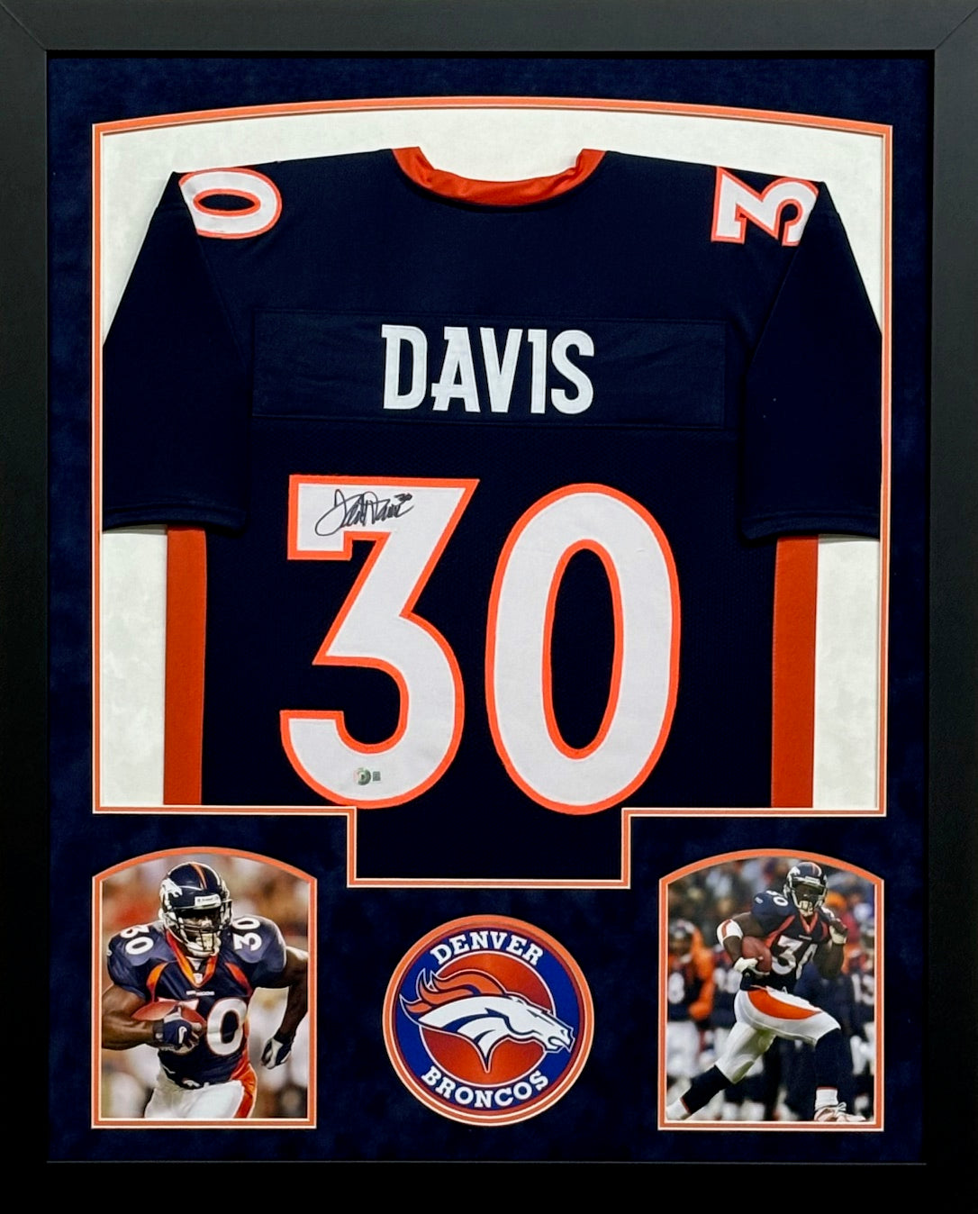 Denver Broncos Terrell Davis Hand Signed Autographed Blue Jersey Framed & Suede Matted with BECKETT COA