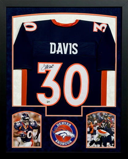Denver Broncos Terrell Davis Hand Signed Autographed Blue Jersey Framed & Suede Matted with BECKETT COA
