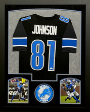 Load image into Gallery viewer, Detroit Lions Calvin Johnson Signed Black Jersey with HOF 21 Inscription Framed &amp; Suede Matted with JSA COA