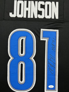 Detroit Lions Calvin Johnson Signed Black Jersey with HOF 21 Inscription Framed & Suede Matted with JSA COA
