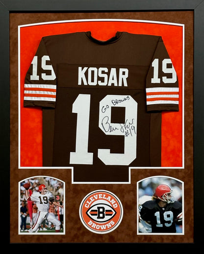 Cleveland Browns Bernie Kosar Hand Signed Autographed Custom Brown Jersey with GO BROWNS Inscription Framed & Suede Matted with COA