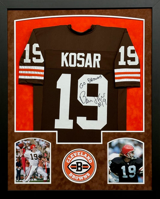 Cleveland Browns Bernie Kosar Hand Signed Autographed Custom Brown Jersey with GO BROWNS Inscription Framed & Suede Matted with COA