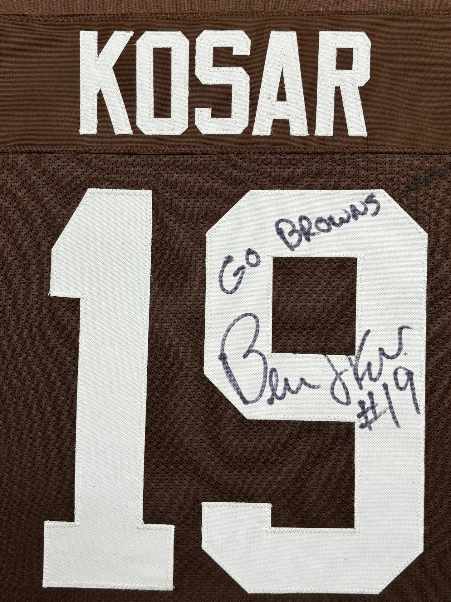 Cleveland Browns Bernie Kosar Hand Signed Autographed Custom Brown Jersey with GO BROWNS Inscription Framed & Suede Matted with COA