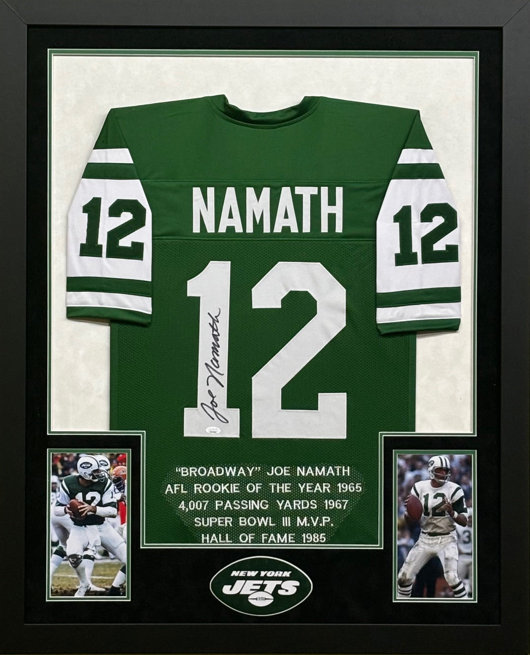New York Jets Joe Namath Hand Signed Autographed Green Career Achievements Stat Jersey Framed & Suede Matted with 3D Logo JSA COA