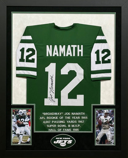 New York Jets Joe Namath Hand Signed Autographed Green Career Achievements Stat Jersey Framed & Suede Matted with 3D Logo JSA COA