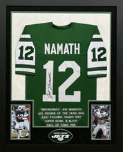Load image into Gallery viewer, New York Jets Joe Namath Signed Green Career Achievements Stat Jersey Framed &amp; Suede Matted with 3D Logo JSA COA