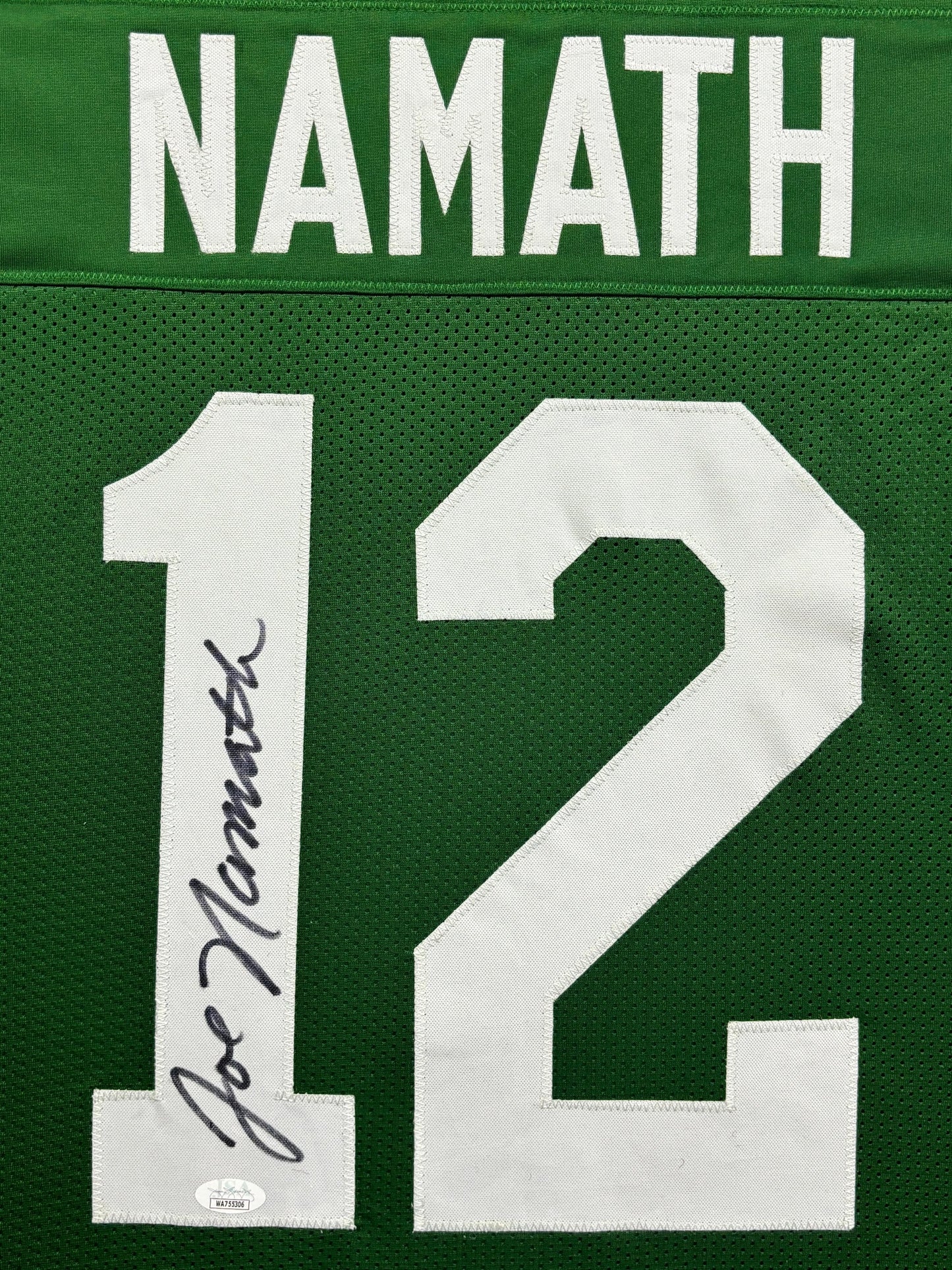 New York Jets Joe Namath Hand Signed Autographed Green Career Achievements Stat Jersey Framed & Suede Matted with 3D Logo JSA COA