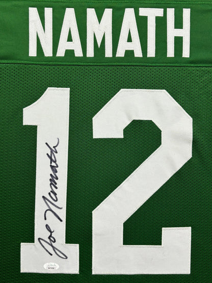 New York Jets Joe Namath Hand Signed Autographed Green Career Achievements Stat Jersey Framed & Suede Matted with 3D Logo JSA COA