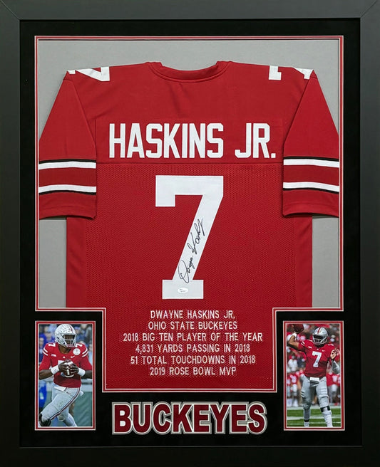 The Ohio State University Buckeyes Dwayne Haskins Jr. Hand Signed Autographed Custom Red Jersey Framed & Suede Matted with 3D Logo JSA COA
