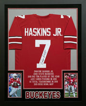 Load image into Gallery viewer, The Ohio State University Buckeyes Dwayne Haskins Jr. Signed Red Jersey Framed &amp; Suede Matted with 3D Logo JSA COA