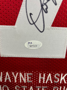 The Ohio State University Buckeyes Dwayne Haskins Jr. Signed Red Jersey Framed & Suede Matted with 3D Logo JSA COA
