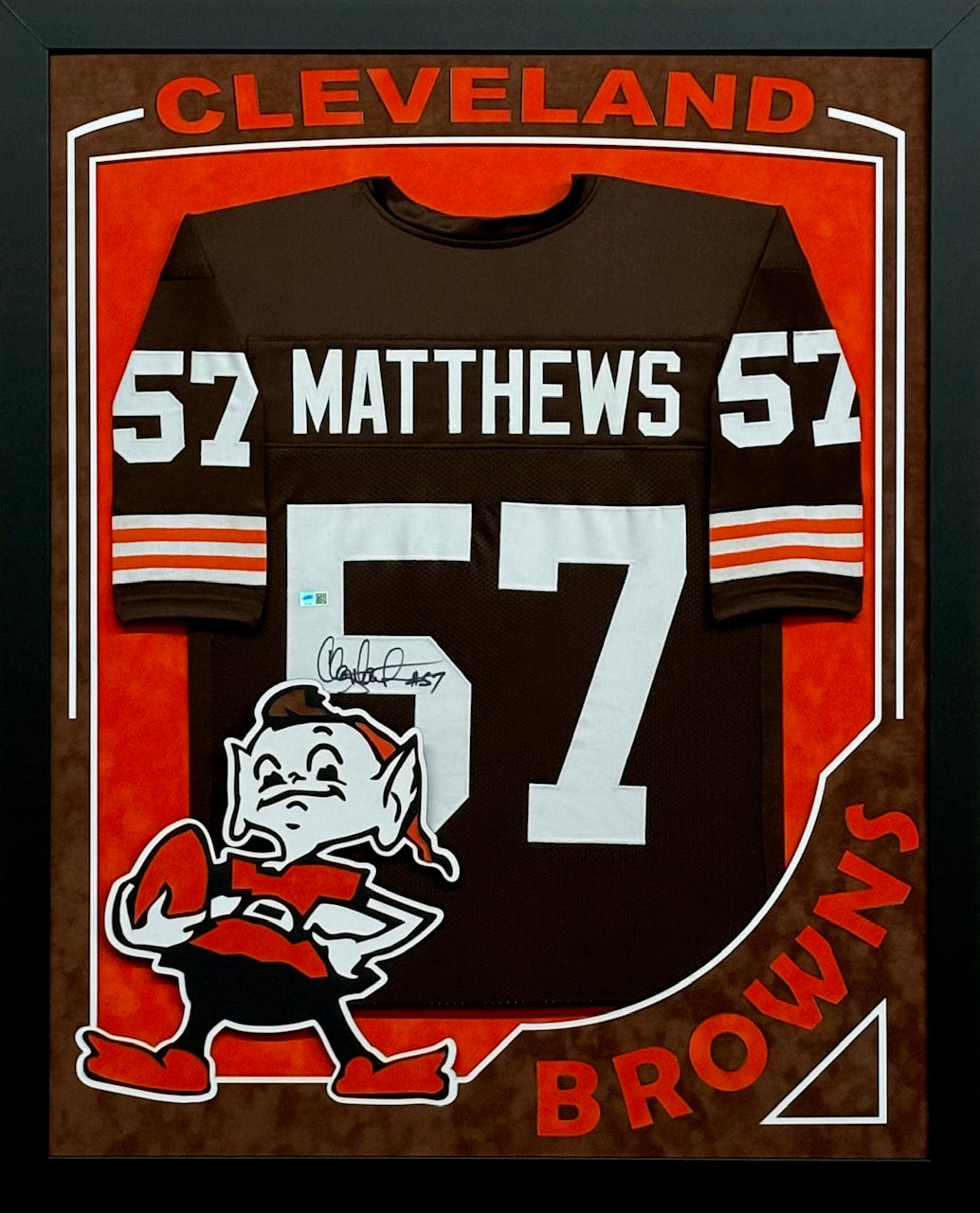 Cleveland Browns Clay Matthews Signed Brown Jersey Framed & Suede Matted with XL 3D Logo & Team Name Cutout TSE COA
