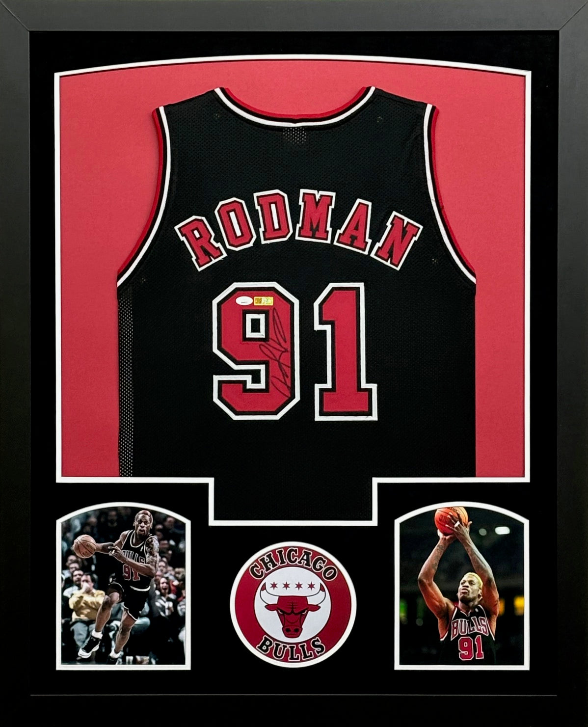 Chicago Bulls Dennis Rodman Hand Signed Autographed Custom Black Jersey Framed & Suede Matted with JSA COA