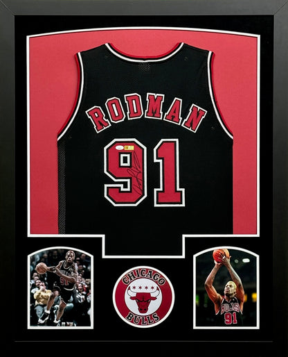 Chicago Bulls Dennis Rodman Hand Signed Autographed Custom Black Jersey Framed & Suede Matted with JSA COA