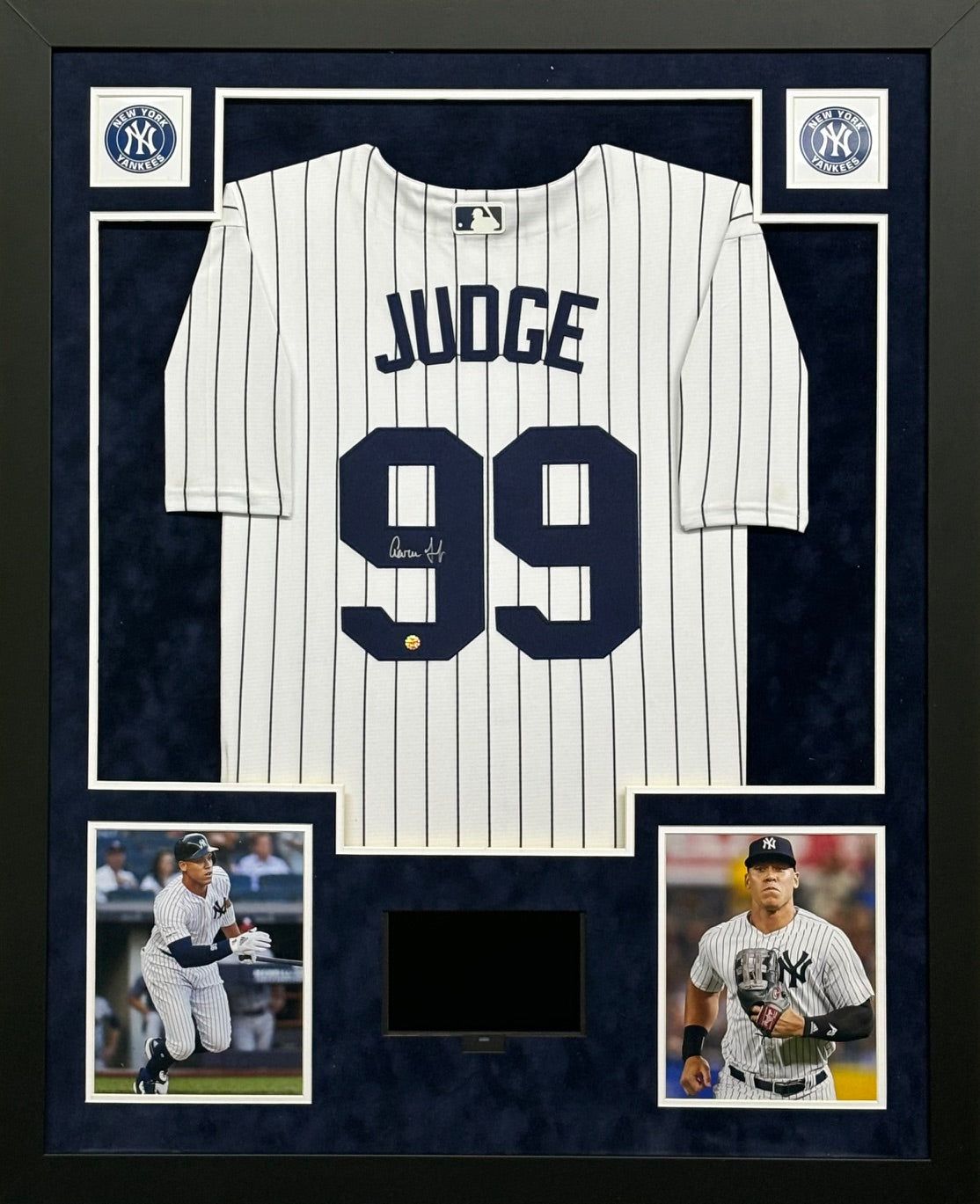 New York Yankees Aaron Judge Hand Signed Autographed Authentic White Pin Striped Jersey Framed & Suede Matted with Video Screen PRO-Cert COA