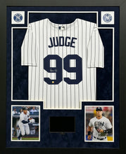 Load image into Gallery viewer, New York Yankees Aaron Judge Signed White Jersey Framed &amp; Suede Matted with Video Screen PRO-Cert COA