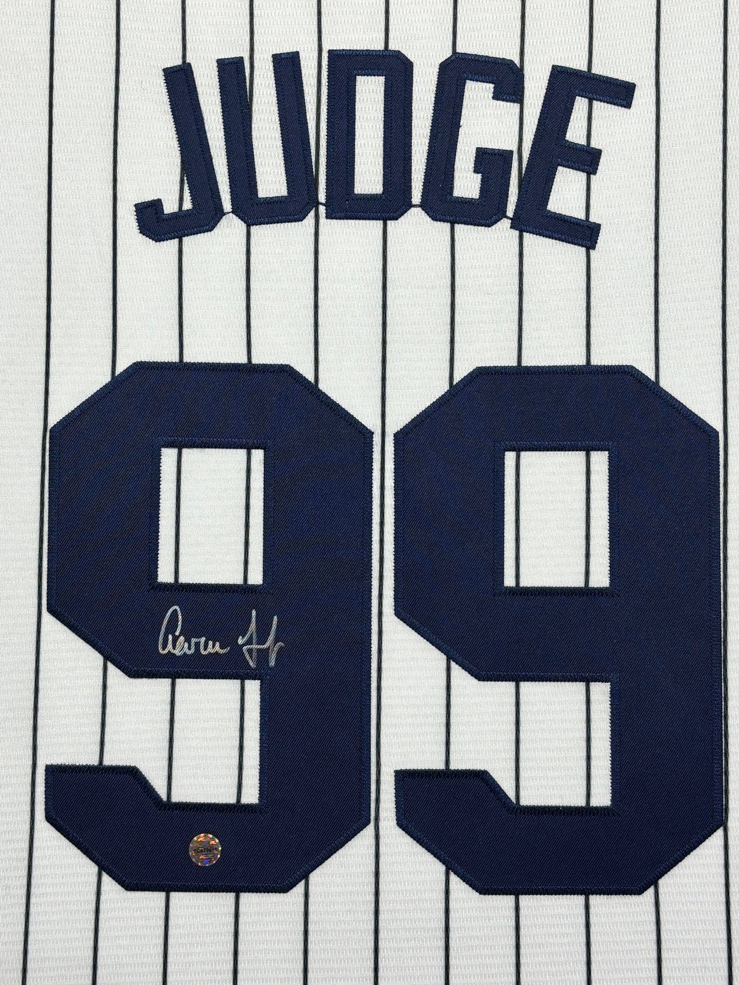 New York Yankees Aaron Judge Hand Signed Autographed Authentic White Pin Striped Jersey Framed & Suede Matted with Video Screen PRO-Cert COA