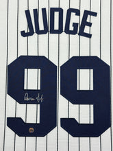 Load image into Gallery viewer, New York Yankees Aaron Judge Signed White Jersey Framed &amp; Suede Matted with Video Screen PRO-Cert COA
