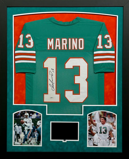 Miami Dolphins Dan Marino Hand Signed Autographed Custom Teal Jersey Framed & Suede Matted with Video Screen BECKETT COA