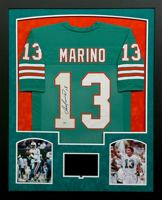 Miami Dolphins Dan Marino Hand Signed Autographed Custom Teal Jersey Framed & Suede Matted with Video Screen BECKETT COA