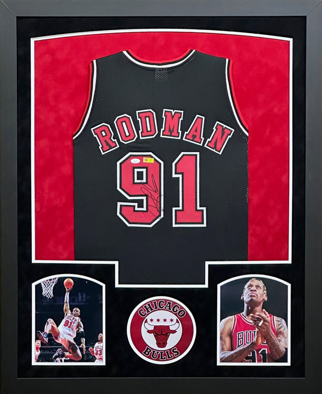 Chicago Bulls Dennis Rodman Hand Signed Autographed Custom Black Jersey Framed & Double Suede Matted JSA COA