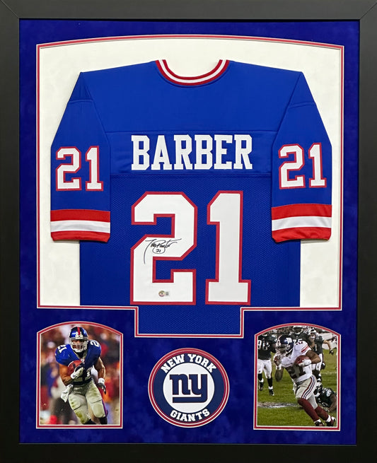 New York Giants Tiki Barber Hand Signed Autographed Custom Blue Jersey Framed & Double Suede Matted BECKETT COA