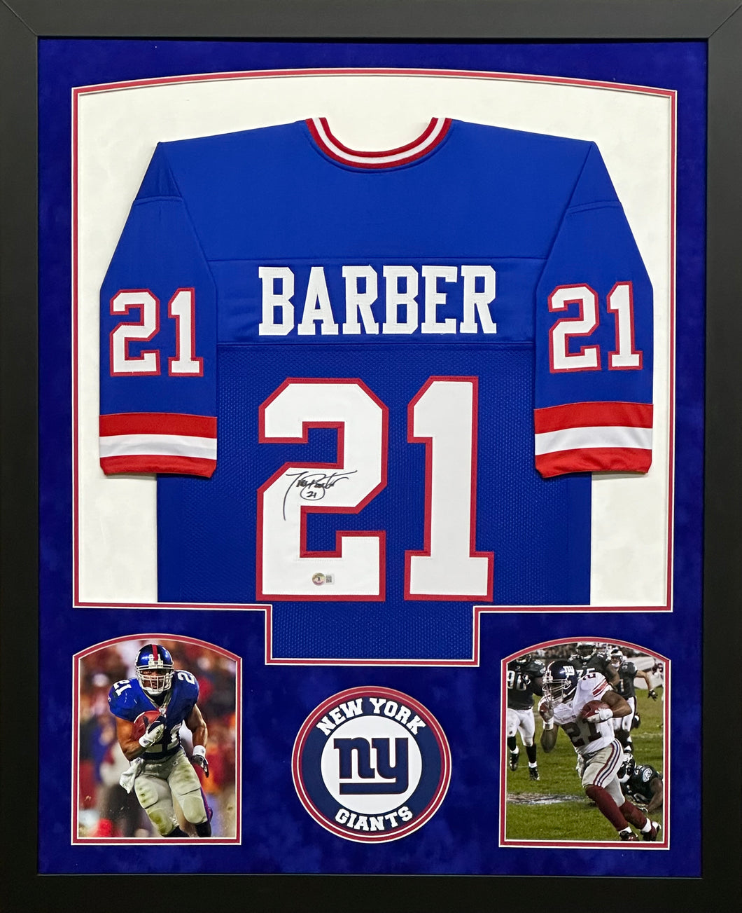 New York Giants Tiki Barber Hand Signed Autographed Custom Blue Jersey Framed & Double Suede Matted BECKETT COA