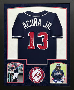 Atlanta Braves Ronald Acuna Jr. Hand Signed Autographed Custom Navy Jersey Framed & Double Suede Matted JSA COA