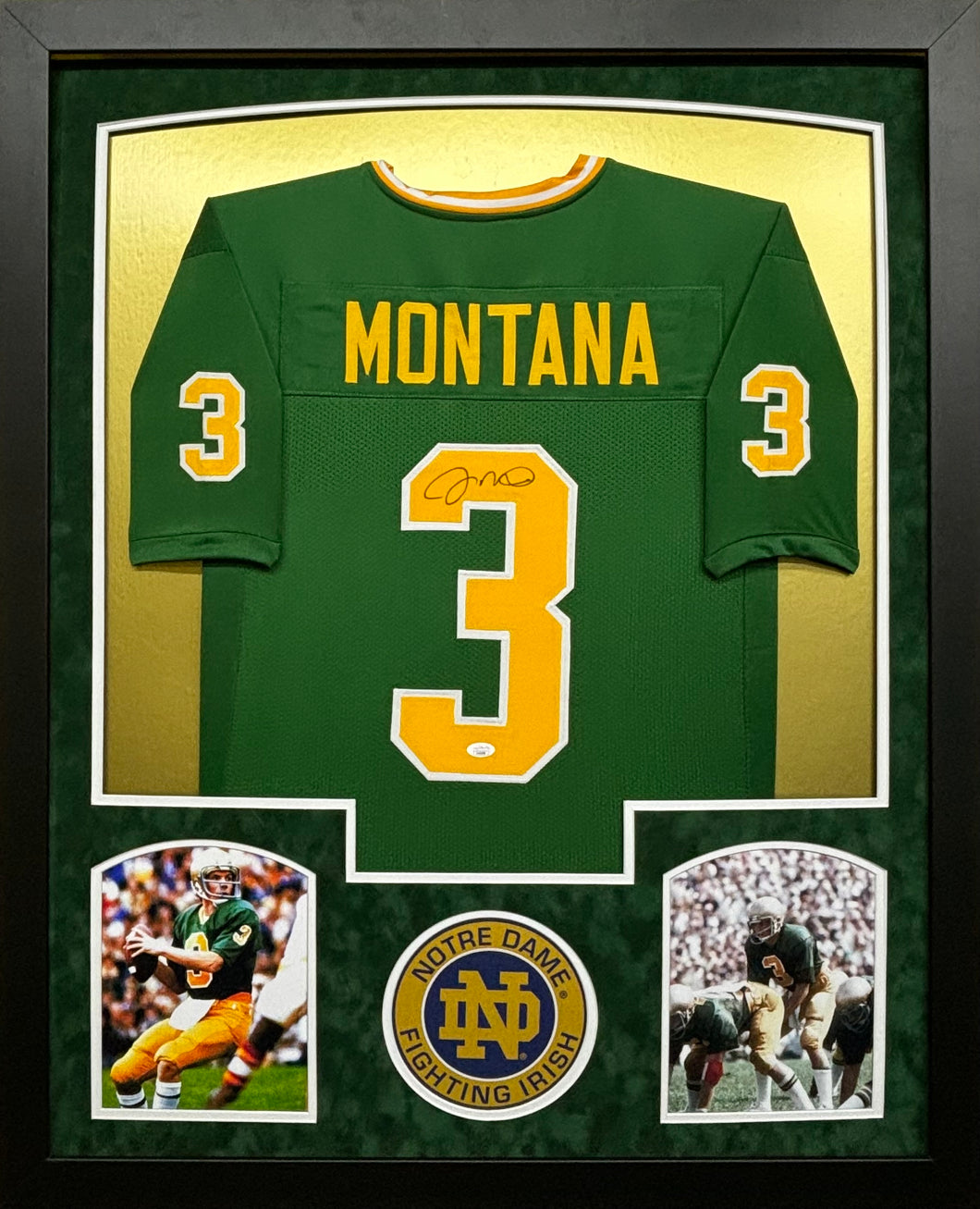 University of Notre Dame Fighting Irish Joe Montana Hand Signed Autographed Custom Green Jersey Framed & Suede Matted JSA COA