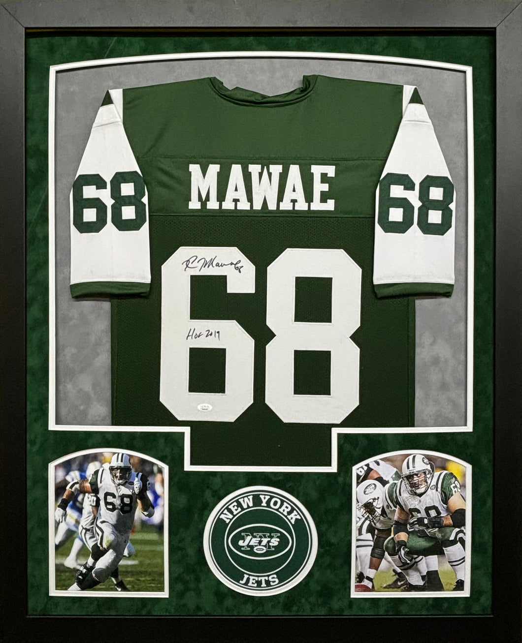 New York Jets Kevin Mawae Hand Signed Autographed Custom Green Jersey with HOF 2019 Inscription Framed & Double Suede Matted JSA COA