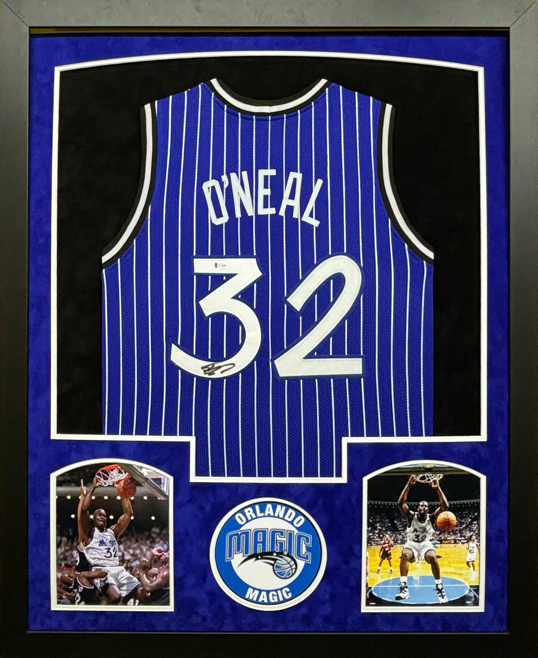 Orlando Magic Shaquille O'Neal Hand Signed Autographed Custom Blue Pinstripe Custom Jersey Framed & Double Suede Matted BECKETT COA