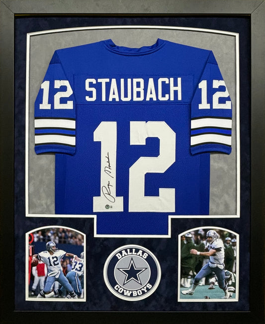 Dallas Cowboys Roger Staubach Hand Signed Autographed Custom Blue Jersey Framed & Double Suede Matted BECKETT COA