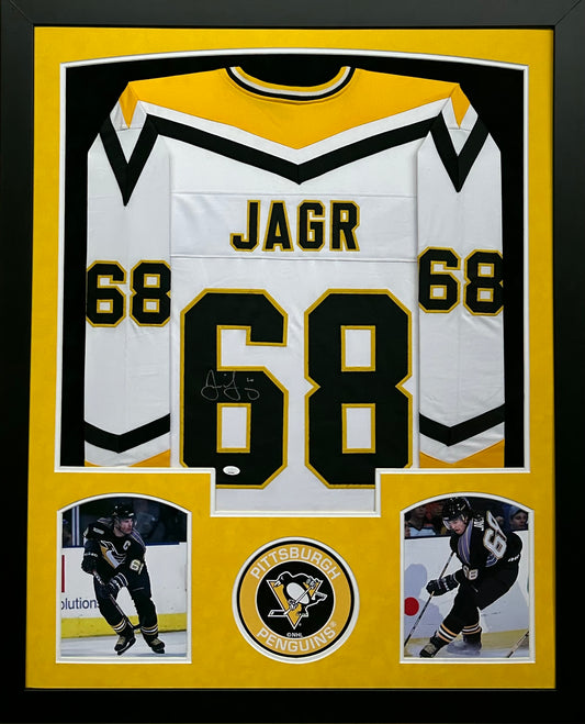 Pittsburgh Penguins Jaromir Jagr Hand Signed Autographed Custom White Jersey Framed & Suede Matted with JSA COA