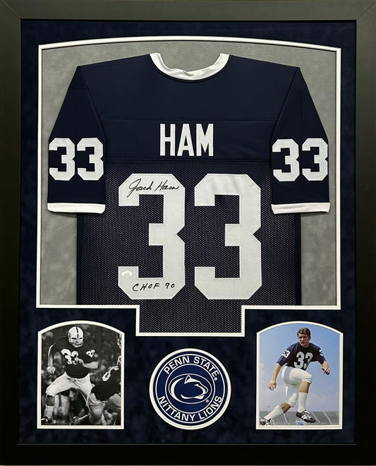 Penn State Nittany Lions Jack Ham Hand Signed Autographed Custom Blue Jersey with CHOF 90 Inscription Framed & Suede Matted with JSA COA