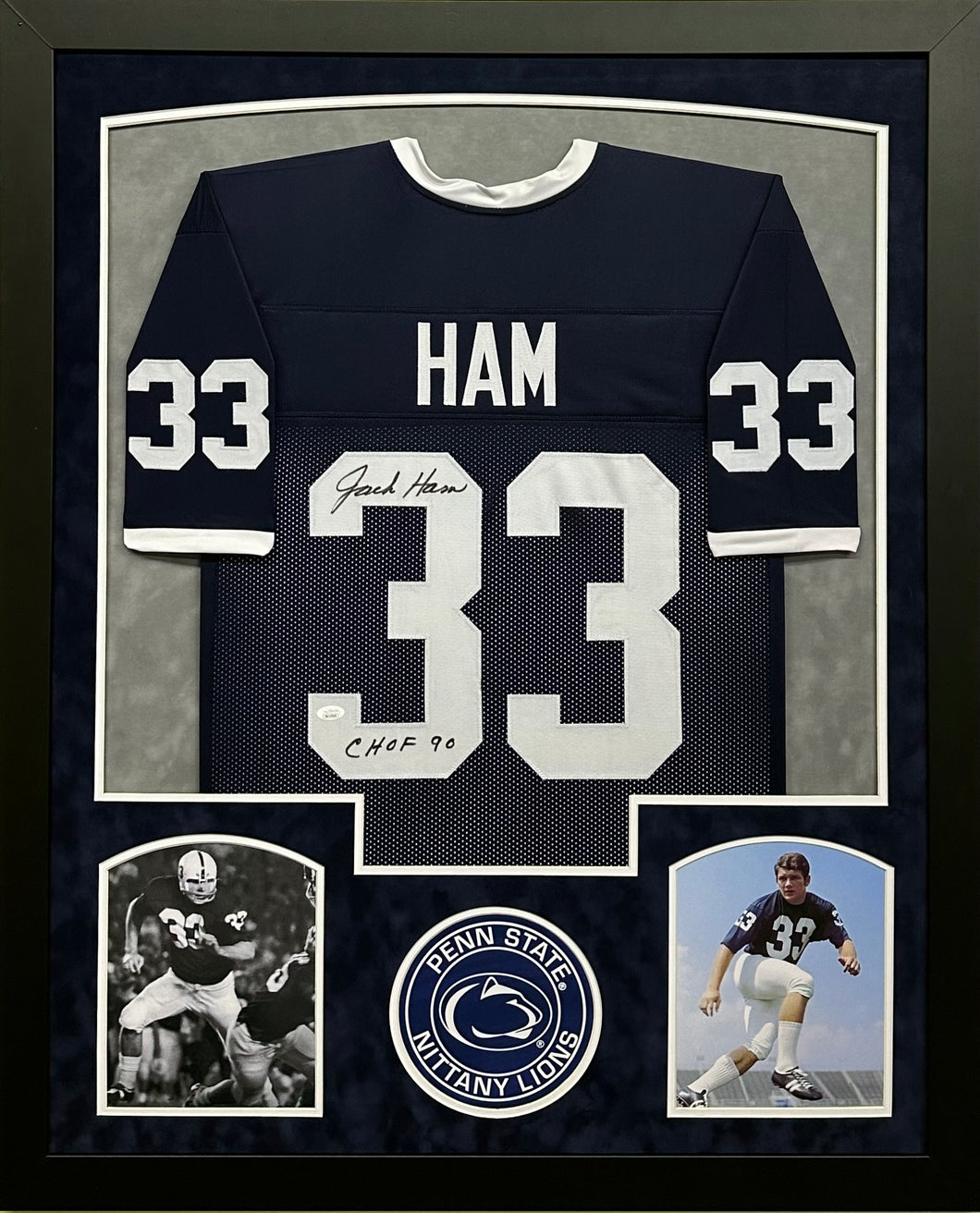 Penn State Nittany Lions Jack Ham Signed Custom Blue Jersey with CHOF 90 Inscription Framed & Suede Matted with JSA COA
