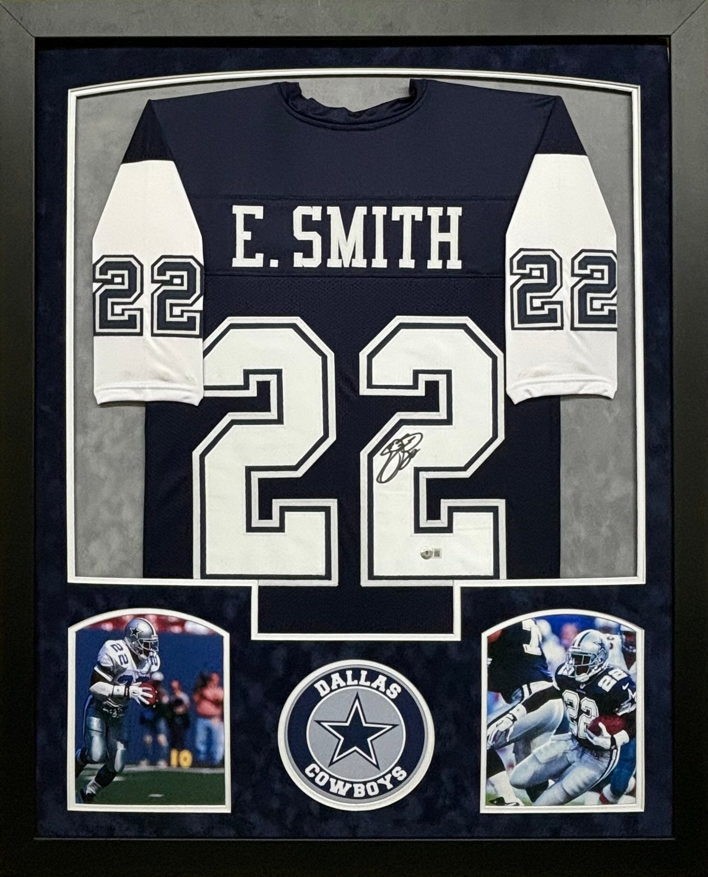 Dallas Cowboys Emmitt Smith Hand Signed Autographed Custom Navy Jersey Framed & Double Suede Matted BECKETT COA